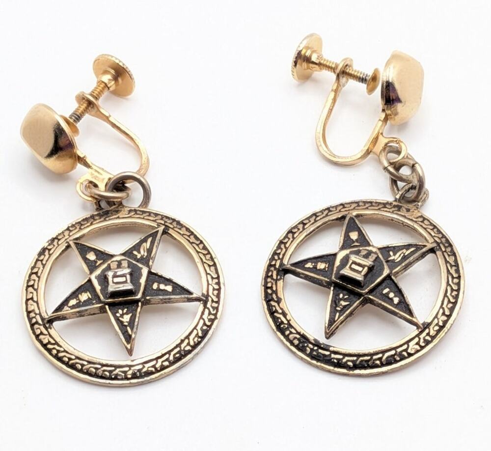 Vintage OES Eastern Star Fraternal Dangle Earrings Gold Tone Pentagram Jewelry